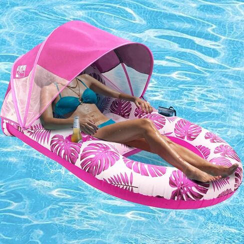 COOLCOOLDEE Pool Lounge Float with Canopy UPF50+,Extra Large Pool Floats for Adults Heavy Duty,Inflatable Lounger Float with Cup Holder & Backrest,Footrest in Saudi Arabia