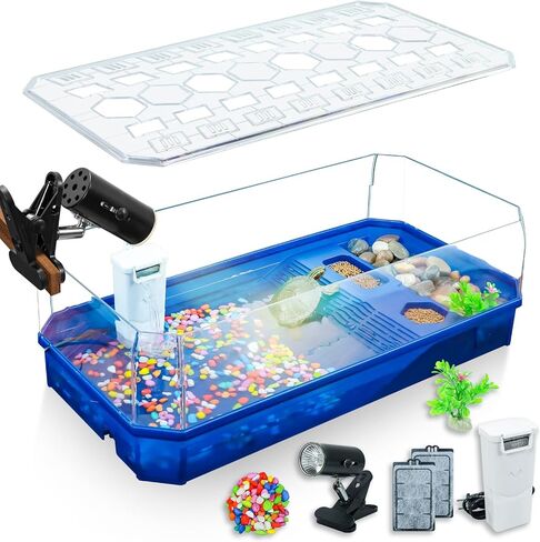 Aquatic Turtle Tank Habitat Kit Stone+Filter+Heat Lamp Enhancing Interaction with 360° Viewing, Standalone Filtration, DIY Creative Zone, Enriched Living (Blue, Large[with Light]) in Kuwait