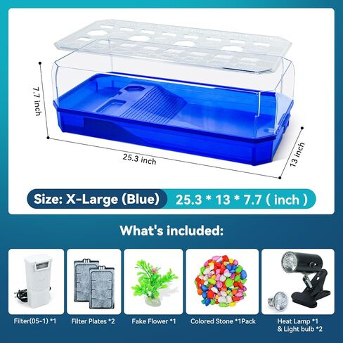 Aquatic Turtle Tank Habitat Kit Stone+Filter+Heat Lamp Enhancing Interaction with 360° Viewing, Standalone Filtration, DIY Creative Zone, Enriched Living (Blue, Large[with Light]) in Kuwait
