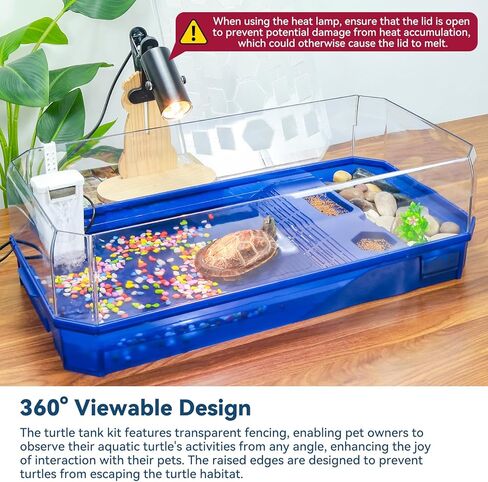 Aquatic Turtle Tank Habitat Kit Stone+Filter+Heat Lamp Enhancing Interaction with 360° Viewing, Standalone Filtration, DIY Creative Zone, Enriched Living (Blue, Large[with Light]) in Kuwait