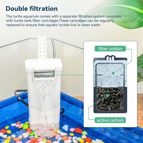 Aquatic Turtle Tank Habitat Kit Stone+Filter+Heat Lamp Enhancing Interaction with 360° Viewing, Standalone Filtration, DIY Creative Zone, Enriched Living (Blue, Large[with Light]) in Kuwait