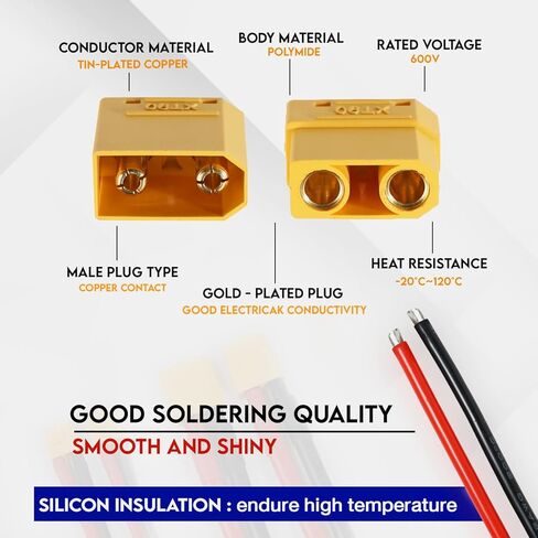 5 Pairs XT60 Plug Male & Female Connector with 14 AWG 50mm. Silicone Wire for RC Lipo Battery FPV Drone Lithium (10 Pcs) - Ledvillage in Kuwait