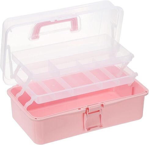 yokive art supply storage storage ، صندوق تخزين للأدوات الفنية مربع 3-tray craft box لوازم فني منظم مع مشبك مقبض لختمات الدهانات بالفرش ، الوردي in Kuwait