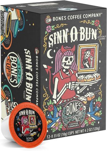 Bones Coffee Company Sinn-O-Bunn Flavored Bones Cups Coffee Pods for Single-Serve Coffee Maker Low Acid, Cinnamon Roll Flavor (12ct) in Saudi Arabia