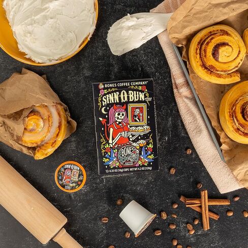 Bones Coffee Company Sinn-O-Bunn Flavored Bones Cups Coffee Pods for Single-Serve Coffee Maker Low Acid, Cinnamon Roll Flavor (12ct) in Saudi Arabia