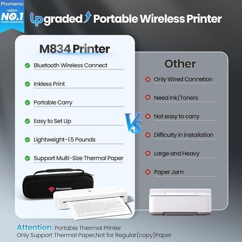 Phomemo Portable Printers Wireless for Travel Upgraded,M834 Bluetooth Thermal Printer 8.5" x 11"& A4 Size,Inkless Mobile Printer with Carry Case for Travel,Office,School,Car,Home,Pink in Kuwait