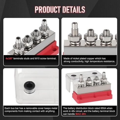 600A توزيع الطاقة كتلة 12V شريط الحافلة كتلة 4x3/8 (M10) حافلة البطارية البحرية مع غطاء لنظام شمسي السيارات السيارات الأحمر in Kuwait