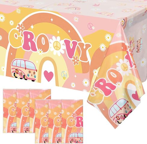 3 Pcs Two Groovy Party Plastic Tablecloths Groovy Retro Hippie Boho Party Decorations Rainbow Daisy Flower Rectangle Disposable Table Cover for Girls Star Groovy Daisy Birthday Party Supplies (3) in Saudi Arabia