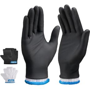 100 PCS 5 mil Heavy Duty Black Nitrile BBQ Gloves Large, Power Latex Free, 12 Pairs Cotton Glove Liners Men & Women for Cooking, Serving, Butcher, Chef, Barber, Grilling Cooking Accessories