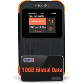 SIMO Solis 5G WiFi Mobile Hotspot + 10GB Global Data, Local and International Coverage Router, Multi-Carrier Access, No Contract or SIM Card Required, 16 Connected Devices, 1GB/Month Lifetime Data