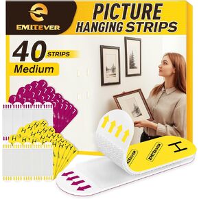EMITEVER Picture Hanging Strips Heavy Duty, Damage Free Picture Hangers for Walls, Picture Hanging Kit, Hanging Hooks Without Nails, Large Adhesive Wall Strips for Poster Sticky 20-Pairs (40 Strips)