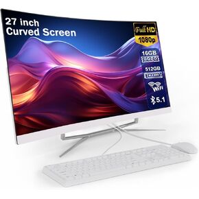 كمبيوتر مكتبي الكل في واحد مقاس 27 بوصة، شاشة منحنية FHD، كمبيوتر الكل في واحد Alder Lake N100 (يصل إلى 3.4 جيجا هرتز) ذاكرة الوصول العشوائي 16 جيجا بايت 512 جيجا بايت ROM SSD، HDMI بلوتوث 4.0 ثنائي النطاق واي فاي كمبيوتر الكل في واحد مع ماوس و لوحة المفا