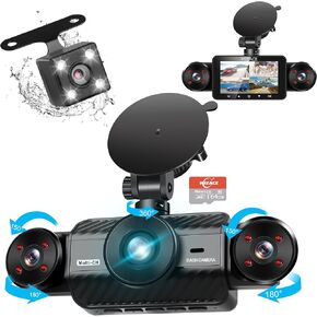 4 Channel Dash Cam 360° View, WIZACE 1080P Front and Rear Inside, Left Right Dash Camera for Cars, Multi-Ch FHD 8 IR Lamps Night Vision, Free 64GB SD Card, G-Sensor, HDR, 24H Parking Mode
