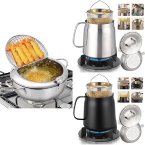 3-in-1 Stainless Steel Deep Fryer Set: Includes Japanese Tempura Frying Pot with Thermometer, 2L Oil Filter Pot with Strainer & Basket, and Large-Capacity Grease Saver for Versatile Kitchen Cooking Ne