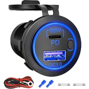 12V USB Outlet, 18W QC 3.0 USB A & 65W PD USB C Car Charger Socket with ON Off Switch for Car Golf Cart Boat Marine Bus Truck RV Marine Motorcycle
