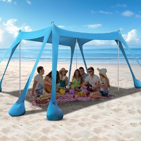 10 x 10 FT Beach Tent Sun Shelter, UPF 50+ Beach Canopy with 8 Sandbags Sand Shovels Ground Pegs Stability Poles, Camping Shade for Outdoor Camping Travel Backyard Picnics (Light Blue)