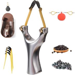 Stainless Steel Slingshots for Hunting and Shooting Practice with 1 Multi-Purpose Pouch, 1 Target，400 Balls & 5 Rubber Bands, Slingshot for Outdoor Catapult Game