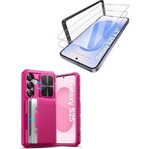 for Samsung Galaxy S25 Case with HD Tempered Glass Screen Protector [2 Pack], Build-in Card Holder, Slide Camera Cover, Military Grade Protection, Hard Case for Galaxy S25 6.7", Hot Pink