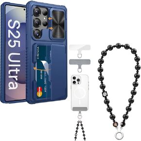 Vihibii for Samsung Galaxy S25 Ultra Case with Black Phone Charm Wrist Strap (2* Tether Tabs), Build-in Card Holder (4 Cards) & Slide Lens Cover, Shockproof Case for Samsung Galaxy S25 Ultra, Blue