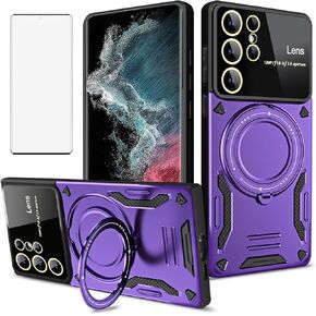 Phone Case for Samsung Galaxy S22 Ultra 5G with Tempered Glass Screen Wrist Strap Lanyard Protector Cover 360° Rotatable Invisible Ring Slim Stand S22ultra 22S S 22 S22ultra5g 6.8 Women Purple
