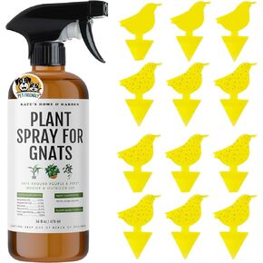 Kate's Home & Garden Plant Spray for Insects & Getting Rid of Gnats with 12 Sticky Traps. Fungus Gnat Killer & Bug Spray for Indoor Plants (16oz, Pet Safe, Non Toxic)