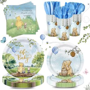 168pcs Winnie Bear Baby Shower Pooh Decorations Classic Bear Plates Napkins Boy Baby Shower Paper Cups Tableware Set for Newborn Kids Birthday Party Serves 24 Guests