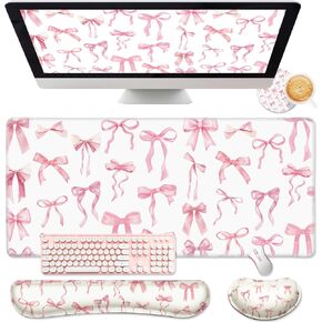 4 Pcs Pink Bow Keyboard Mat and Mouse Pad Set Coquette Desk Mat Bowknot Mouse Pad with Wrist Rest Cute Keyboard Wrist Rest Preppy Cup Coasters Pink Ergonomic Design for Office Table Computer