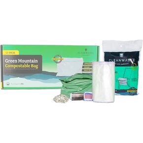 Cleanwaste Green Mountain Compostable Portable Toilet Bag (12 Pack) - No Leaks - Gelling Poo Powder with Odor Control, Handwipe & Toilet Paper (Camping, Hiking, Outdoor)
