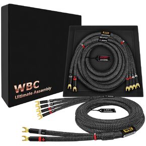 WORLDS BEST CABLES 3 Foot Ultimate - 7 AWG - Ultra-Pure OFC – Extra Premium Audiophile HiFi Bi-Wire Speaker Cable Pair with Eminence Gold Spade Plugs & Carbon Tweed Jacket