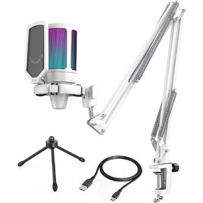 FIFINE USB Gaming Microphone Kit, PC Computer Streaming Mic with Metal Boom Arm Compatible with PS4/PS5 for Recording, Podcast, Video with Mute Button, Gain Knob, Pop Filter, Tripod Stand (A6W+CS1W)