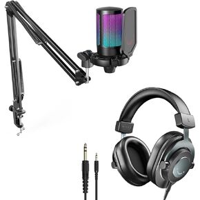 FIFINE Podcast Condenser Mic Kit and 3.5mm/6.35mm Wired Headphones, RGB Computer Mic for PS4/5 PC Gamer Youtuber, Streaming Monitoring Black Headphones with Detachable Cables, on PC/Mixer (A6T+H8)
