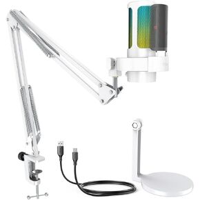FIFINE Gaming USB PC Microphone Kit with Metal Scissor Boom Arm, Condenser Computer Mic with RGB, Mute, Gain Knob, Pop Filter, Base Stand for Streaming, Content Creation, Podcast, Recording (A8W+CS1W)