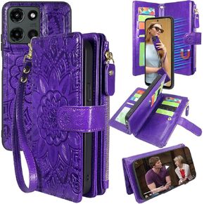 Harryshell Detachable Wallet Leather Case Compatible with Motorola Moto G 2025 Magnetic Phone Case Zipper with Cash Coin Pocket Multi Card Slots Holder Wrist Strap (Flower Purple)