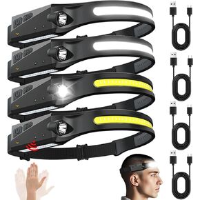 Rechargeable Headlamps with Motion Sensor 4pcs, 230° Wide Beam LED Head lamp Rechargeable Battery Powered, Bright Forehead Adjustable Headlight for Adults with 5 Modes, USB C, Waterproof for Camping