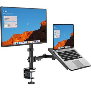 WALI Single LCD Monitor Desk Mount Fully Adjustable Stand with Extra Laptop Tray for 1 Laptop Notebook up to 17 inch and 1 Screen up to 27 inch, 22 lbs. Weight Capacity (M001LP), Black