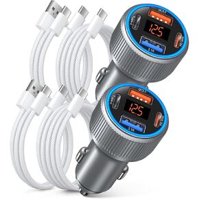 65W 4 Port Super Fast Type C Car Charger USB C for Samsung S25 S24 S23 Ultra A53 A16, iPhone 16 15 PD/QC 3.0 Fast Charging 12V Car Cigarette Lighter Adapter with Voltage Meter+4 Pack USB-C Cables