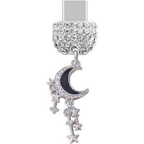 ELISE & FONDA TP535 Type-C Charging Port Crystal Anti Dust Plug Little Moon and Stars Cell Phone Charm for iPhone 15/16/Samsung/OnePlus/Xiaomi/oppo Android Phones (Black)