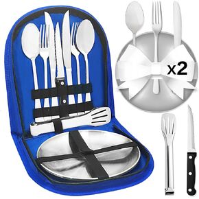 Camping Dishes Set for 4, 20PCS Camping Plates and Utensils with Camp Organizer Camping Dinnerware Set for 4, Camping Tableware Stainless Steel Camping Plates for Camping/Picnic/Hiking