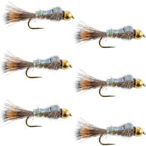 The Fly Fishing Place Tungsten Bead Head Nymph Fly Fishing Flies - Flashback Gold Ribbed Hare's Ear Trout Fly - Nymph Wet Fly - 6 Flies Hook Size 10