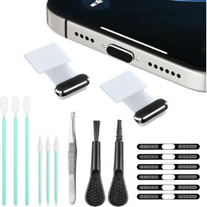 Mobile Phone Speaker Metal Dust Mesh, typeC Charging Port dust Plug, Anti-Lost USB C Cleaning Brush Cleaning Tool Set for iPhone 15 16 Series (Black)