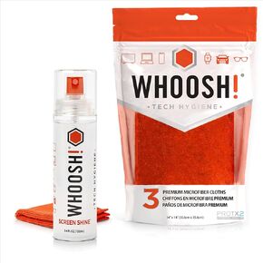 WHOOSH! Screen Cleaner Spray & Microfiber Cloths Bundle | 3.4 fl oz + 1 Microfiber Cloths (6x6) + 3 Microfiber Cloths (14x14)