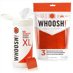 WHOOSH! Screen Cleaner Wipes & Microfiber Cloths Bundle | 90 Count Electronics Wipes + 1 Microsuede Cloth (6x6") + 3 Microfiber Cloths (14x14")