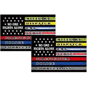 2 Pcs No One Fight Along Bumper Stickers for Car,First Responders Multi Thin Line America Flag Bumper Sticker for Trucks Window Laptop Waterproof Décor 6X4 in