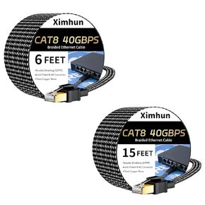 كابل Cat 8 Ethernet 6 قدم و 15 قدمًا ، كابل شبكة الإنترنت عالي السرعة من النايلون مع موصل RJ45 ، 40 جيجابت في الثانية 2000 ميجا هرتز كابل LAN الثقيلة في الهواء الطلق والخارج