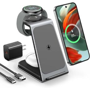 Google Pixel Wireless Charger Designed for Pixel Watch 3/2 (Not for Pixel Watch1), 3 in 1 Aluminum Alloy Pixel Charger Stand for Pixel 9 Pro XL/9/Fold/8/7/7a/6, Pixel Buds Pro/2 (with Adapter)