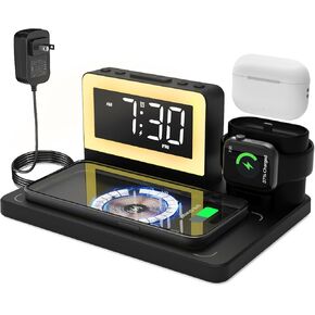 6 in 1 Wireless Charging Station with Alarm Clock and Bedside 7 Color Night Light for Magsafe for iPhone for Apple Watch for Airpod,Magnetic Cell Phone Charger Docking Stand for Apple Devices (Black)