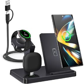 Wireless Charger for Samsung,3 in 1 Wireless Charging Station for Samsung Galaxy S25/S24/S23/Z Fold/Flip,Fast Phone Watch Charger Dock Stand for Galaxy Watch Ultra/7/6/5,Galaxy Buds (Black)