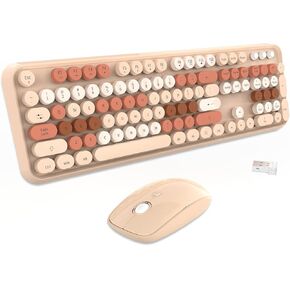 Wireless Keyboard and Mouse Combo - Cute Round Keycaps Full-Size Retro Typewriter Keyboard with 2.4GHz, Plug & Play for Windows/Laptop/PC/Notebook/Smart TV and More (Milk Tea)