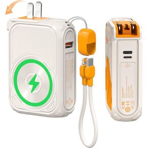 P05 10000mah Magnetic Power Bank with Foldable Wall Plug, Built-in 22.5w Fast Charging Type-C to 20w Light*ing Cable, Wireless Charging USB-A and USB-C Port, Built-in Phone Stand Function