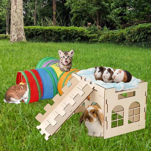 HIIMALEX Extra Large Sturdy Bunny Hideout Wooden Rabbit Castle with Ramp Indoor House Habitat for Rabbits Hamsters Guinea Pigs Ferrets Bunnies in Saudi Arabia